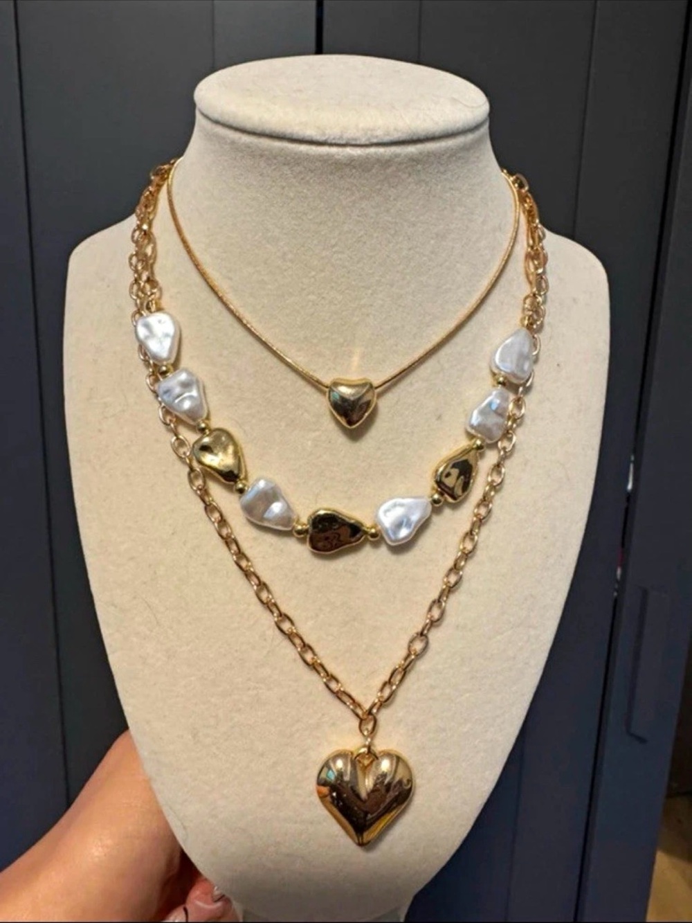 Gold Heart Layered Necklace Set with Pearl Accents - Women Jewelry